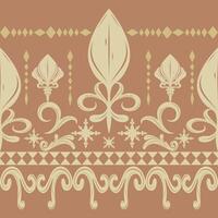 Elegance Abstract Medieval Florals Curly Ornate Element with Golden Silk Weaves on Light Brown Background. Delicate Opulence Pattern Seamless Design for Rich Border Silk Textile Texture Attire Curtain vector