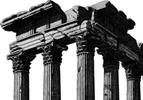 Ancient roman temple ruins with corinthian columns in black and white engraving. vector