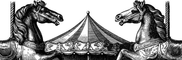 Vintage engraving of carousel horses with carousel tent in classic style for nostalgic designs. vector