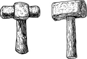 Two hand-drawn wooden mallets, one viewed from the front and the other from the side, showcasing their textured surfaces and sturdy design. vector