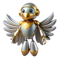 standout futuristic Ultra-detailed, concept art style illustration of a single, highly detailed, sleek silver and gold robot bird with flapping wings with Transparent Background high quality png