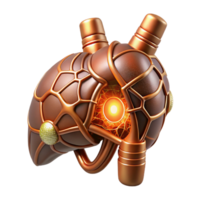 dynamic hypnotic Concept art style biomechanical liver, intricate network of ducts and vessels, glowing core, bronze and copper, isolated cutout with Transparent Background crisp png