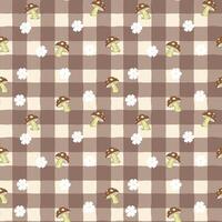 Cute Mushroom and Flower Seamless Pattern on Brown Gingham Background Cottagecore Forest Design vector