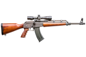 Professional firearm with a sleek finish and attachments, isolated on white, for defense or military themes png