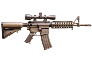 Tactical rifle design featuring a detailed scope and sturdy build isolated on a bright background png