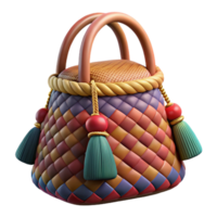 pristine inspired Hyper-specific professional render of a tribal woven bag decorated with colorful tassels with Transparent Background png