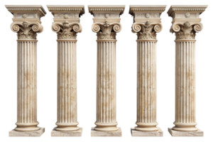 Series of five classical columns with fluted shafts and decorative capitals, representing the grandeur of ancient Roman and Greek architecture png