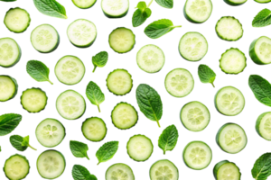 Freshly sliced cucumber rounds and vibrant mint leaves arranged in a seamless pattern on a Transparent Background png