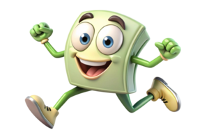 Happy and energetic cartoon money character running forward with a cheerful attitude on white isolated background png