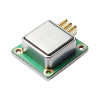 High quality close up of a modern accelerometer sensor module with metallic casing and gold pins on a Transparent Background png