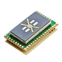 Close up of a Bluetooth module with a compact design, gold connectors, and integrated circuit details on a Transparent Background png