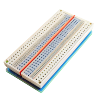 Detailed image of a prototyping breadboard with green base and multicolored power rails, isolated on Transparent Background png