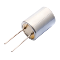 Close up of a cylindrical metal capacitor with two leads, used for electronic circuits and industrial applications png