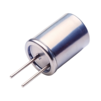 Detailed image of a cylindrical metal electronic component capacitor with leads on a plain Transparent Background png