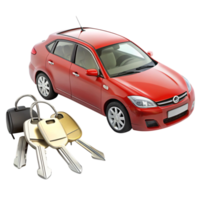 Red car with metal keys arranged on a glossy surface, perfect for automotive and rental service promotions png