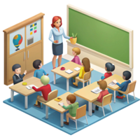 Interactive classroom setting with teacher and students engaged in a dynamic learning environment and teamwork activities png