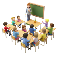 Inclusive classroom scene with teacher instructing children, fostering teamwork, creativity, and interactive learning methods png