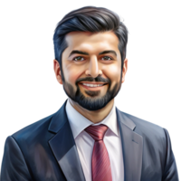 Illustrated portrait of a bearded businessman in a suit and tie, radiating confidence, isolated on white png