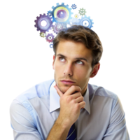 Portrait of a thoughtful businessman with colorful gears above his head symbolizing innovation and problem solving png