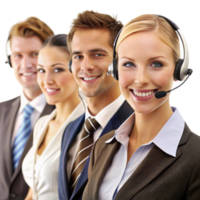 Friendly and efficient customer support team using headsets to deliver high quality assistance and problem solving png