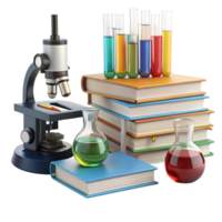 Educational science setup featuring a microscope, colorful books, and lab equipment for academic experiments png