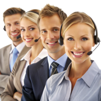 Call center employees providing excellent customer service with a positive attitude and communication skills png