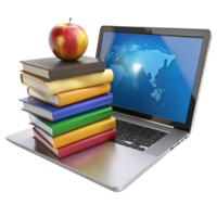 Modern educational technology setup with laptop, books, and apple emphasizing virtual learning and academic progress png