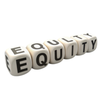 White dice with bold letters spelling equity arranged in perspective on a glossy reflective Transparent Background png