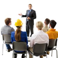 Corporate safety presentation for workers with instructor providing workplace guidance using visual aids png