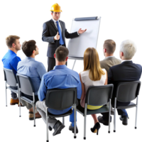 professionale posto di lavoro formazione sessione con diverso dipendenti e manager presentazione su un' Flip grafico nel ufficio ambientazione png