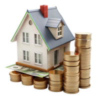 Creative concept of home equity with house miniature and monetary assets on a clean background png