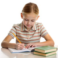 Focused child writing in a notebook while surrounded by educational materials, symbolizing learning and growth png