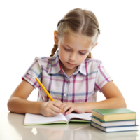 A studious child writing in a notebook, highlighting focus and effort in a serene learning environment png