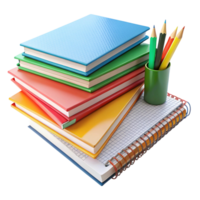 pilha do colorida cadernos e lápis arranjado ordenadamente em uma transparente fundo para educacional finalidades png