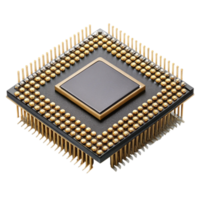 Integrated Circuit Microprocessor Isolated on Transparent Background with Golden Pins for Advanced Computing png