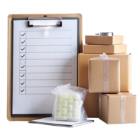 Professional packing list setup with clipboard, items, and packaging boxes for efficient shipment preparation png
