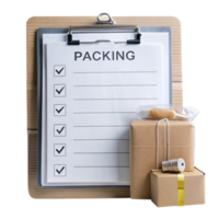 Organized packing list clipboard with wrapped items for efficient shipping and packaging on Transparent Background png