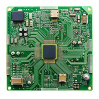 Detailed green printed circuit board with intricate circuitry and components on a clean Transparent Background png
