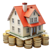Financial success and property market growth depicted with a house model and golden coin stacks in a clean background png