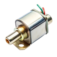 Metallic solenoid component with electrical wires and mounting bracket on a white isolated background png