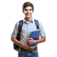 Smiling male student with books and backpack isolated on a Transparent Background, symbolizing education and learning png