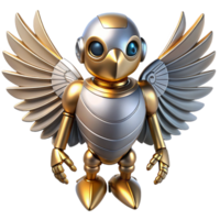 impressive futuristic Ultra-detailed, concept art style illustration of a single, highly detailed, sleek silver and gold robot bird with flapping wings with Transparent Background precision png