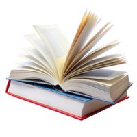 Open textbook with flipping pages stacked on another book, showcasing education and learning themes on a Transparent Background png