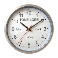 Modern wall clock with custom time zone labels and a sleek metal frame, isolated on a Transparent Background png