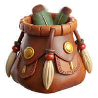 distinctive minimalist Photorealistic, ultra-detailed, isolated cutout of a tribal shaman's medicine bag made of leather and adorned with feathers with Transparent Background sharp png