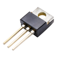 Electronic component isolated on white, featuring a TO 220 transistor with three pins for electrical circuit applications png