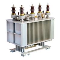 High voltage power transformer with detailed components, cooling structure, and insulators, used in electrical grids png