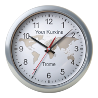 Minimalistic analog clock displaying unique time zone names with a metallic bezel, emphasizing global time concepts png