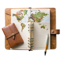 Flat lay of a travel diary, writing tools, and map elements, perfect for capturing wanderlust and journaling themes png