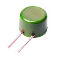 Varistor device with round housing and dual pins, designed for circuit protection applications, studio close up png